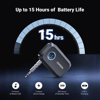 Ugreen, Car & Home Bluetooth 5.0 Receiver Audio Adapter, Built-In Microphone, Built-In Battery Up To 15 Hours Ugreen Cm596- 90748