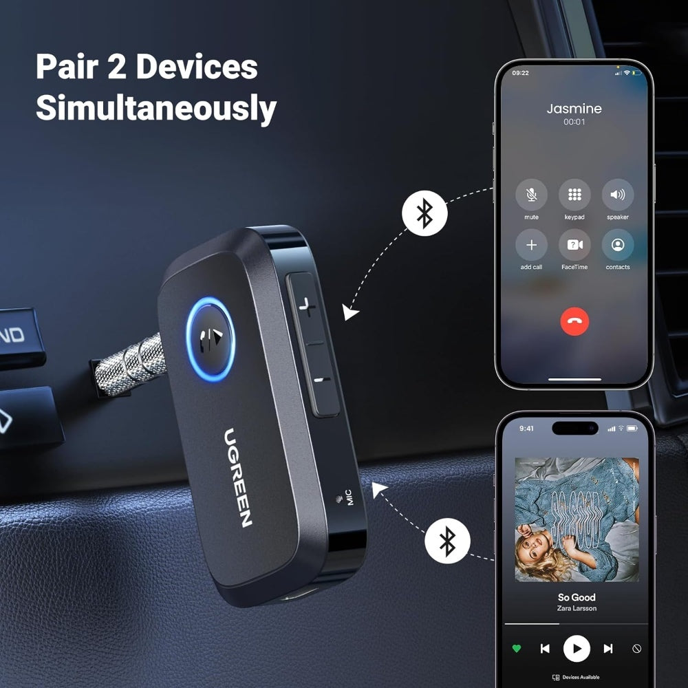 Ugreen, Car & Home Bluetooth 5.0 Receiver Audio Adapter, Built-In Microphone, Built-In Battery Up To 15 Hours Ugreen Cm596- 90748