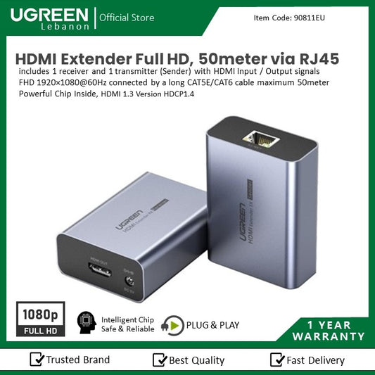 Ugreen, Hdmi Extender 50M Over A Single Cat5E/6 (Transmitter*1 + Receiver*1) Ugreen Cm609 - 90811Eu