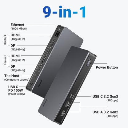 Ugreen, Dual Display 9-In-1 Usb-C Hub Docking Station Ugreen Cm615 - 90912