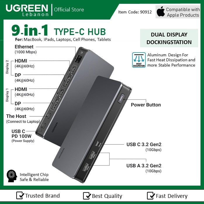 Ugreen, Dual Display 9-In-1 Usb-C Hub Docking Station Ugreen Cm615 - 90912
