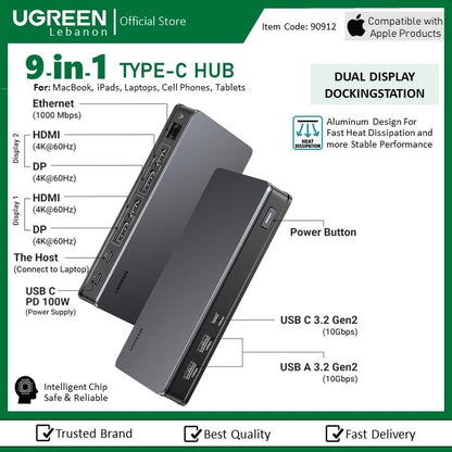 Ugreen, Dual Display 9-In-1 Usb-C Hub Docking Station Ugreen Cm615 - 90912