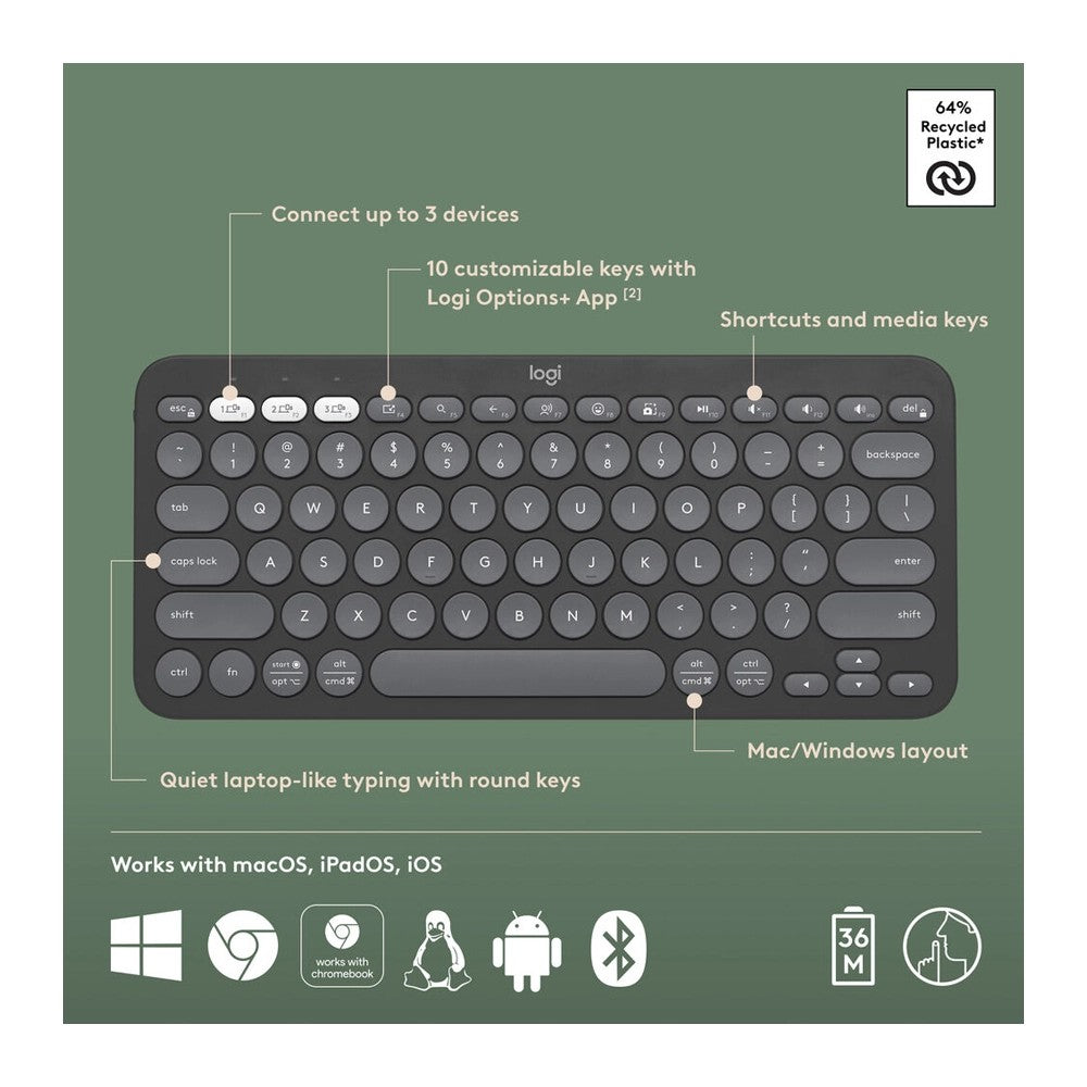 Logitech, Bluetooth Keyboard Pebble Keys 2 K380S Graphite