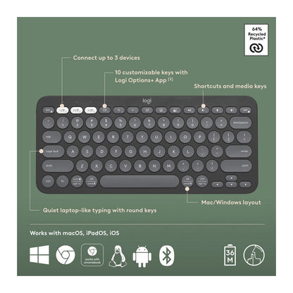 Logitech, Bluetooth Keyboard Pebble Keys 2 K380S Graphite