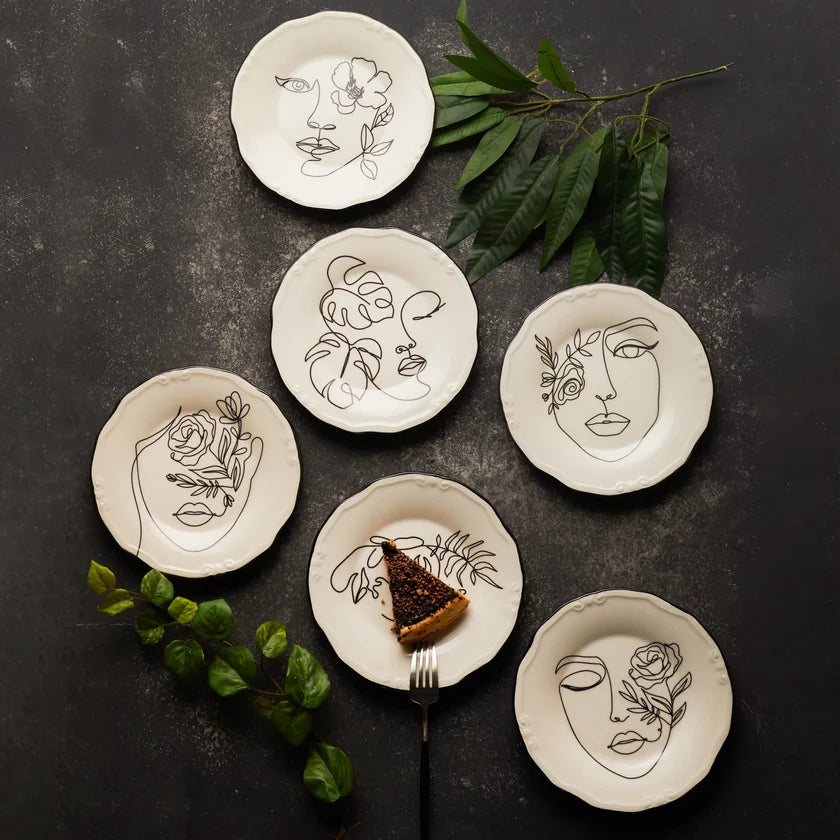 Karaca Face Porcelain Serveware Set for 6, 21 cm - Elegant White Cake Plate Set, 153.03.06.6361
