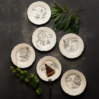 Karaca Face Porcelain Serveware Set for 6, 21 cm - Elegant White Cake Plate Set, 153.03.06.6361