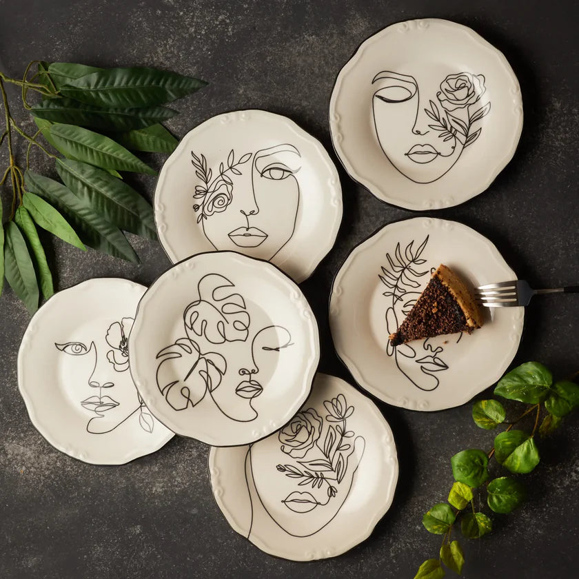 Karaca Face Porcelain Serveware Set for 6, 21 cm - Elegant White Cake Plate Set, 153.03.06.6361