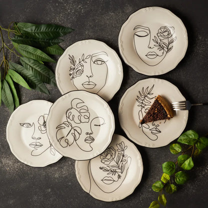 Karaca Face Porcelain Serveware Set for 6, 21 cm - Elegant White Cake Plate Set, 153.03.06.6361