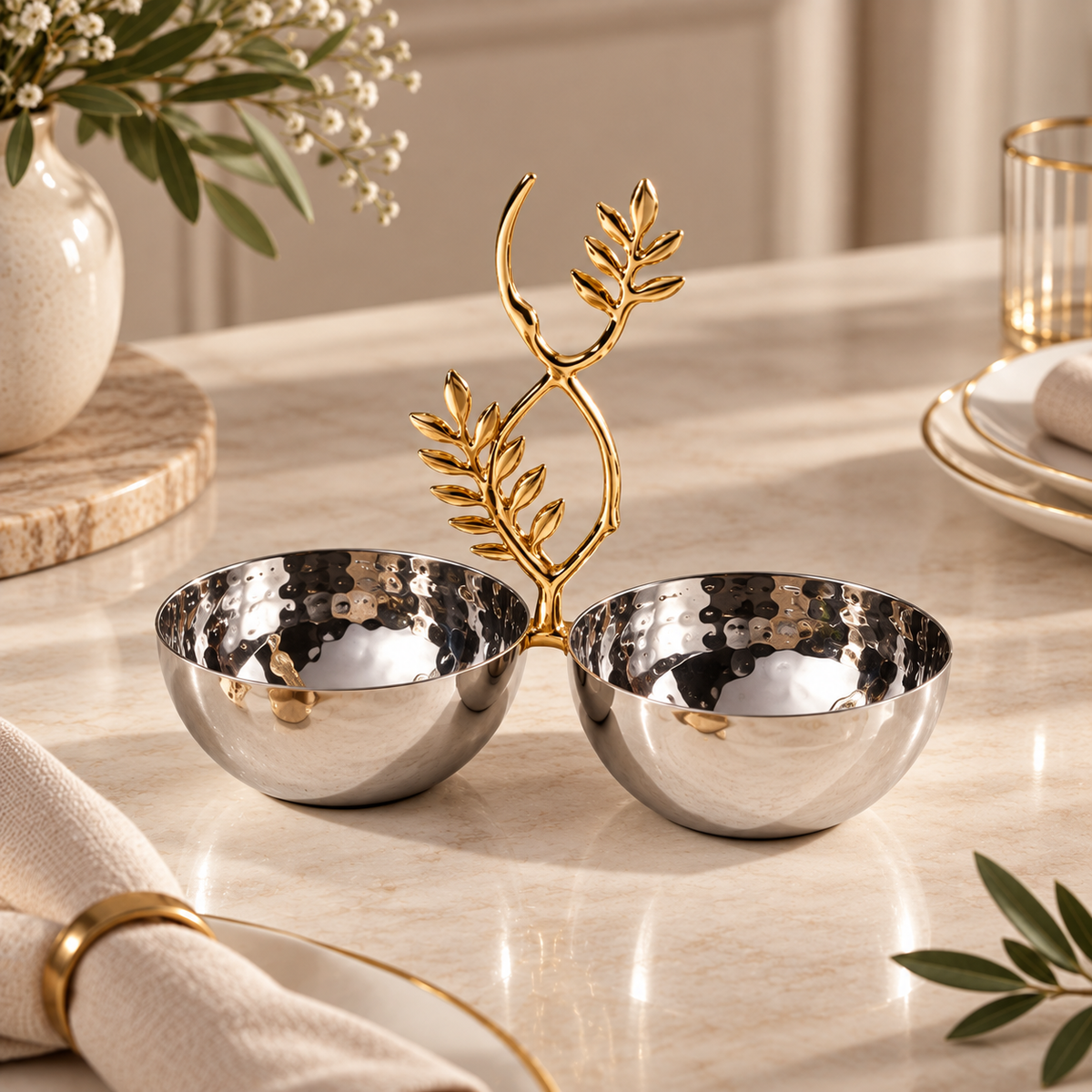 Karaca New Year Carmenta Set of 2 Snack Bowls – Silver/Gold Accent, 153.09.01.9470