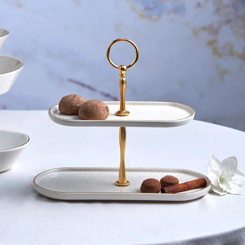Karaca Calvin Ceramic White Two Stand Cake Plate, 153.03.06.9167