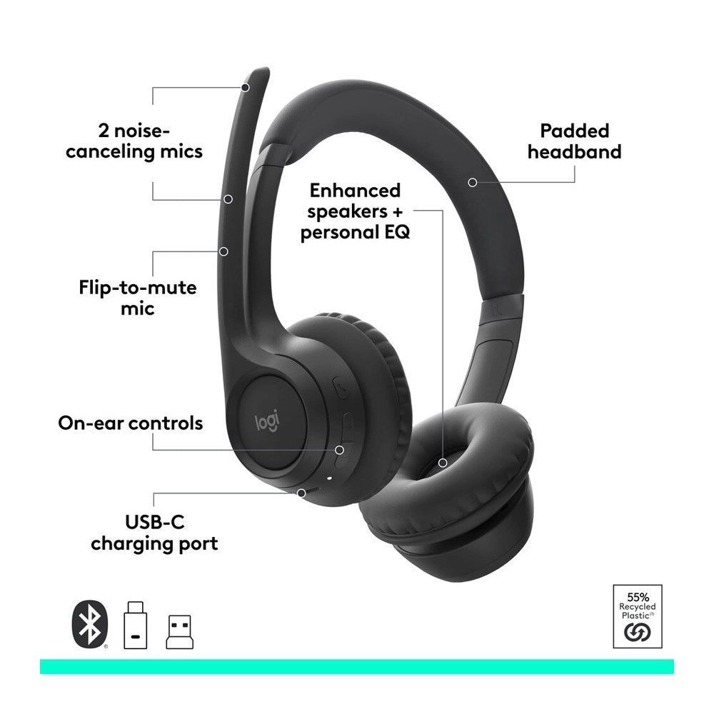 Logitech, Zone 305 Noise-Canceling Mic Wireless Bluetooth Headset Black
