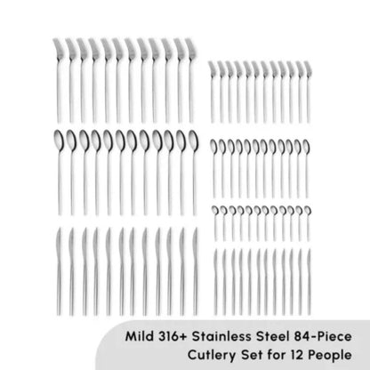 Karaca Mild 84-Piece 316+ Stainless Steel Cutlery Set for 12 People - Silver, 153.03.08.1817
