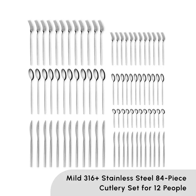 Karaca Mild 84-Piece 316+ Stainless Steel Cutlery Set for 12 People - Silver, 153.03.08.1817