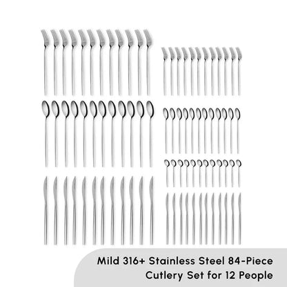 Karaca Mild 84-Piece 316+ Stainless Steel Cutlery Set for 12 People - Silver, 153.03.08.1817