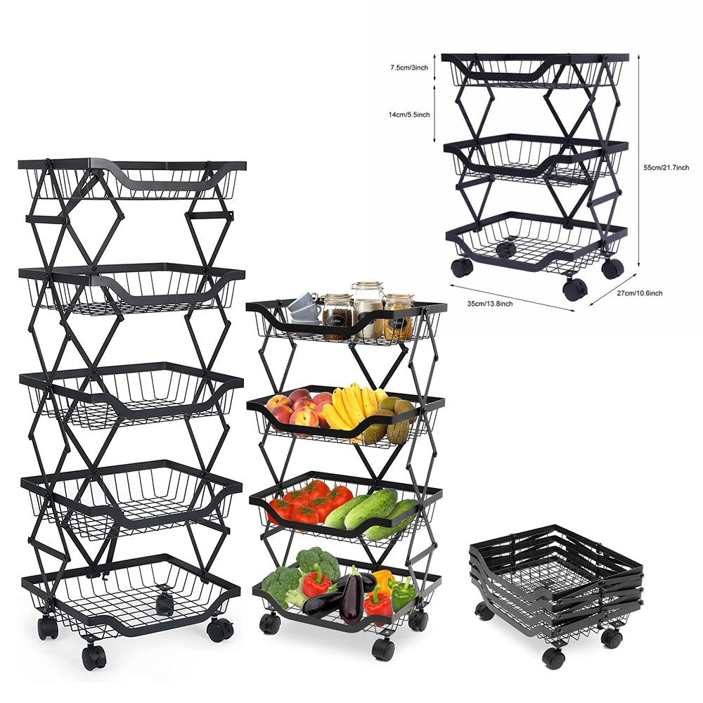 Cool Gift, Foldable Metal Wire Storage Basket Organizer with Rolling Wheels, Available in Different Sizes
