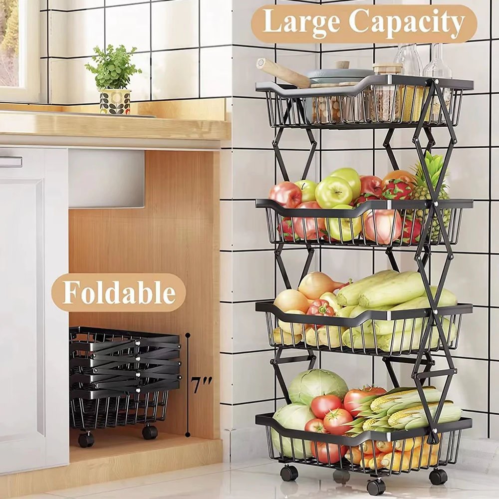 Cool Gift, Foldable Metal Wire Storage Basket Organizer with Rolling Wheels, Available in Different Sizes