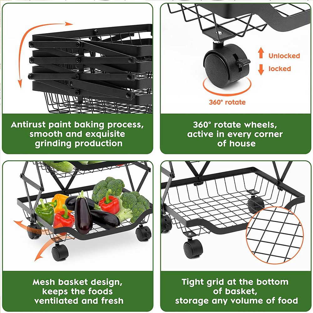 Cool Gift, Foldable Metal Wire Storage Basket Organizer with Rolling Wheels, Available in Different Sizes