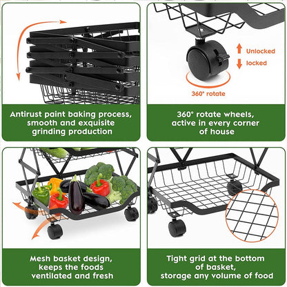 Cool Gift, Foldable Metal Wire Storage Basket Organizer with Rolling Wheels, Available in Different Sizes