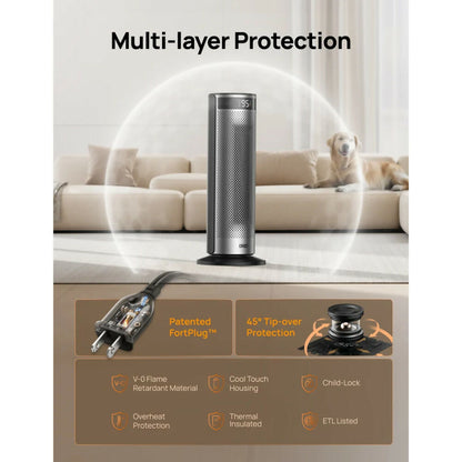Dreo Space Electric Heater for Large Room, 20-Inch with FortPlug for Indoor Use, 8 Safe Protection Tower, 70 Degree Oscillation, PTC Ceramic with Remote, 12H Timer