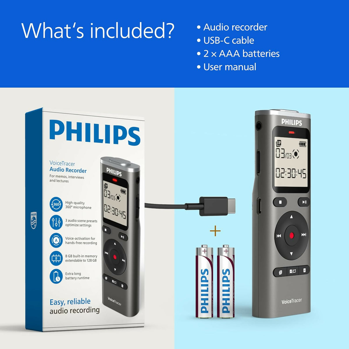 Philips DVT1170 VoiceTracer, Audio Recorder, 8GB, Micro SD Card Slot, 360° Microphone for Excellent Sound