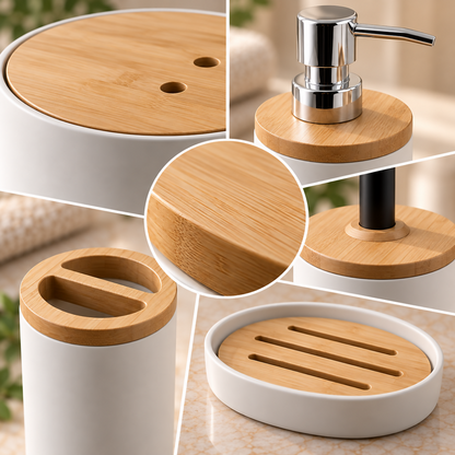 NATURA – 6-Piece White & Bamboo Bathroom Accessories Set | YC-18