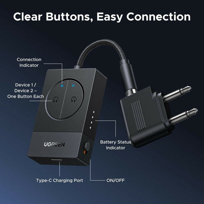 UGREEN Airplane BT 5.4 Audio Transmitter, Dual Pairing, 19H Battery & 3.5mm AUX / Flight Jack, TVs & Treadmills - BT305 65706