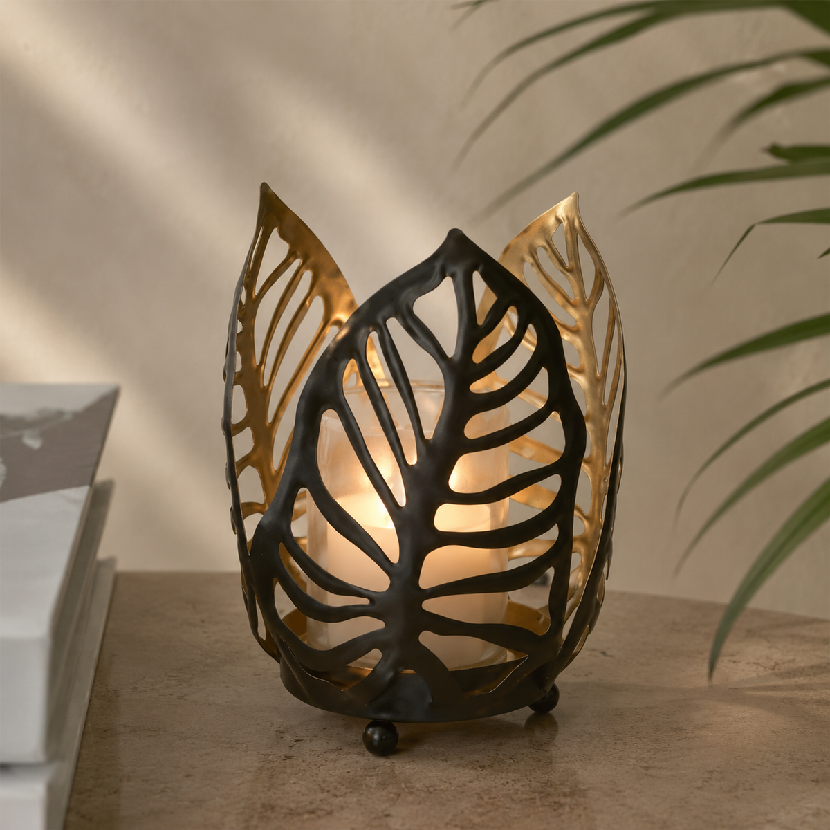 Karaca Home Timber Candle Holder 12 cm - Black Leaf Design, 300.23.01.0322