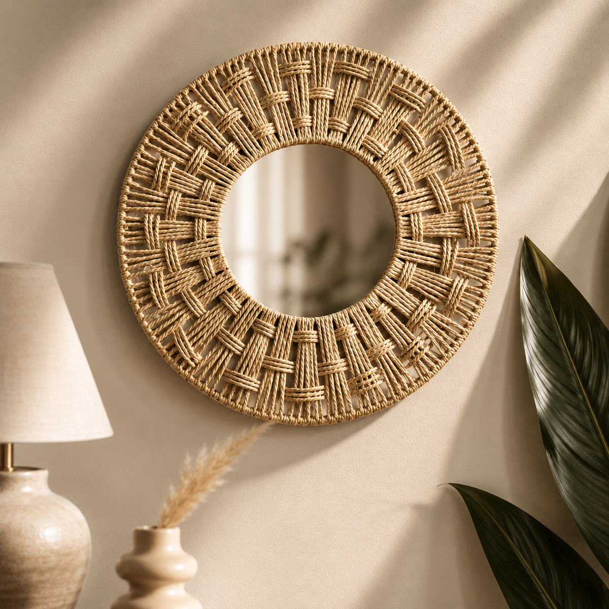 Karaca Home Boho Wicker Wall Mirror 45 cm - Natural Decorative Accent, 153.09.01.7031