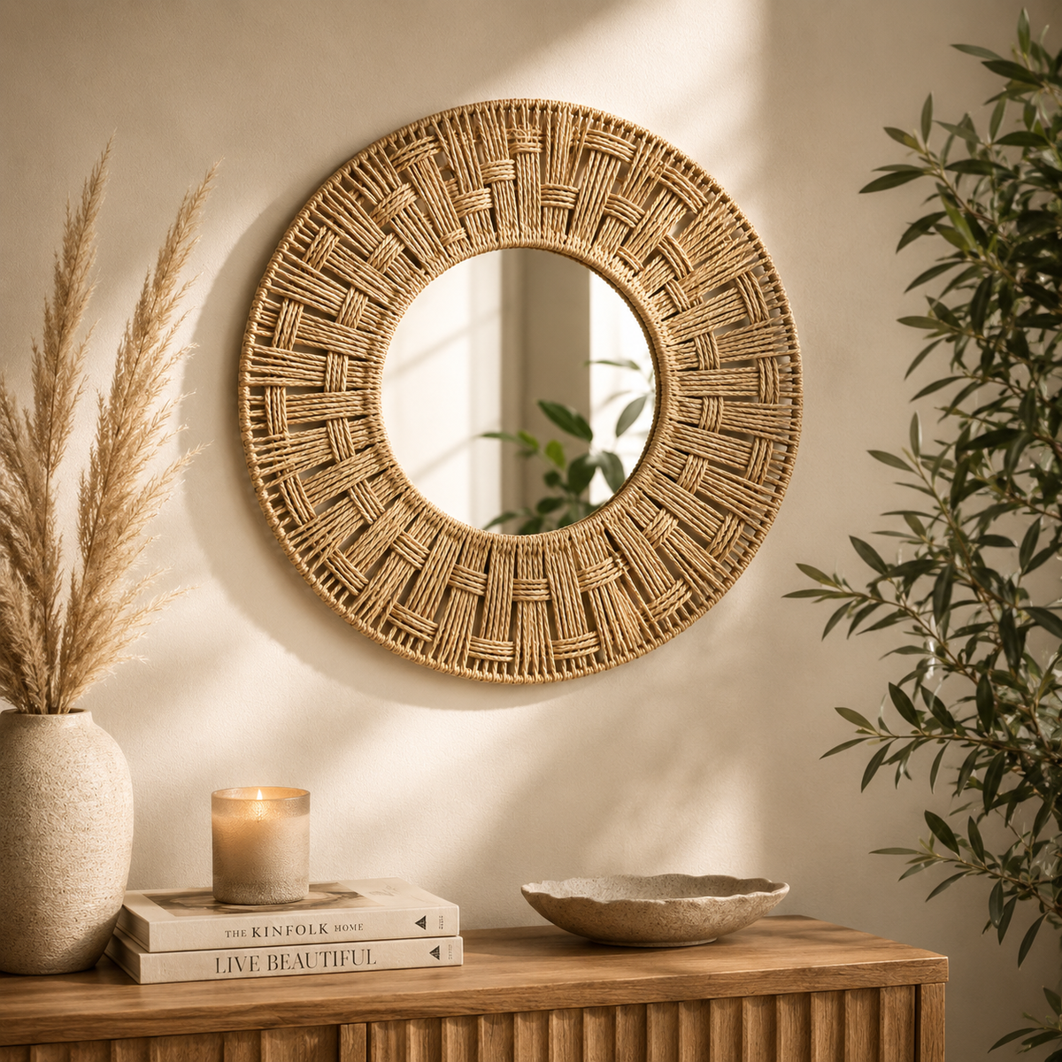Karaca Home Boho Wicker Wall Mirror 58 cm - Natural Statement Wall D-cor, 153.09.01.7030
