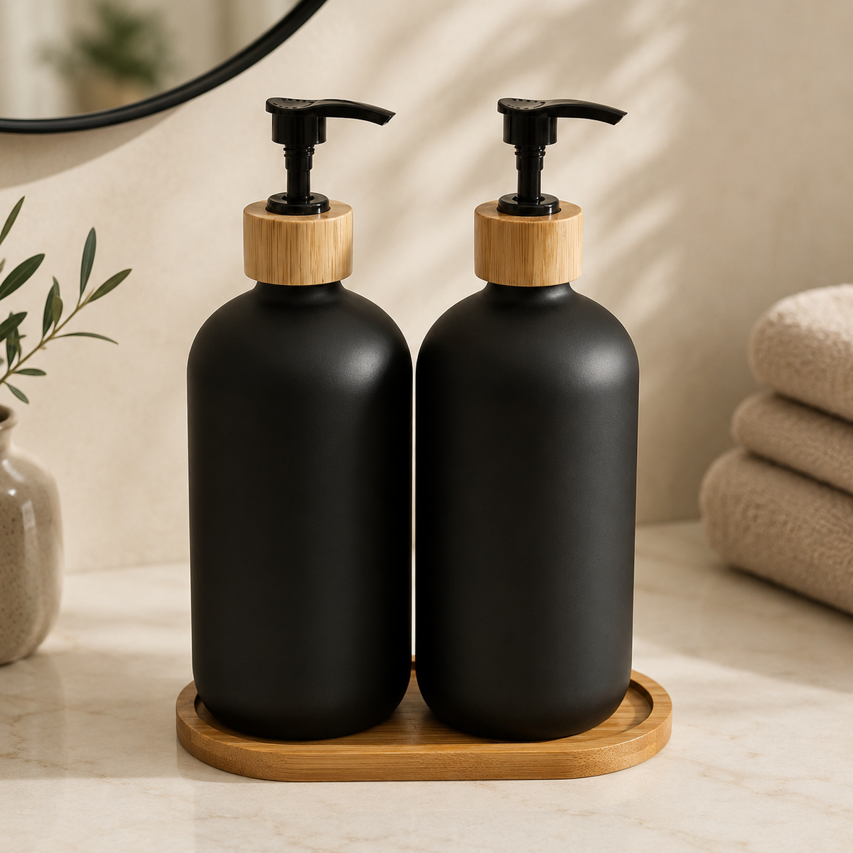 Karaca Home Cecilia 3-Piece Bathroom Accessory Set - Black & Natural Wood, 153.09.01.5212