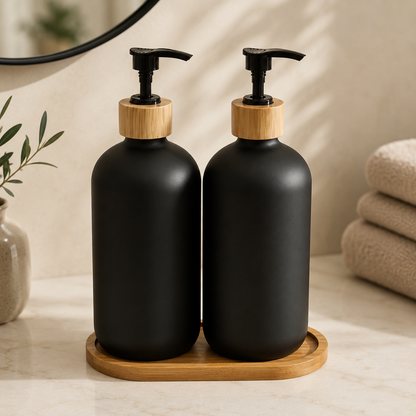 Karaca Home Cecilia 3-Piece Bathroom Accessory Set - Black & Natural Wood, 153.09.01.5212