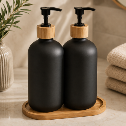 Karaca Home Cecilia 3-Piece Bathroom Accessory Set - Black & Natural Wood, 153.09.01.5212