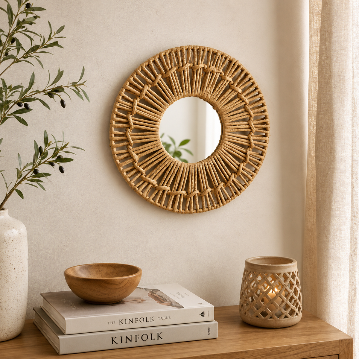 Karaca Home Boho Wicker Wall Mirror 35 cm - Natural Decorative Accent, 153.09.01.7032