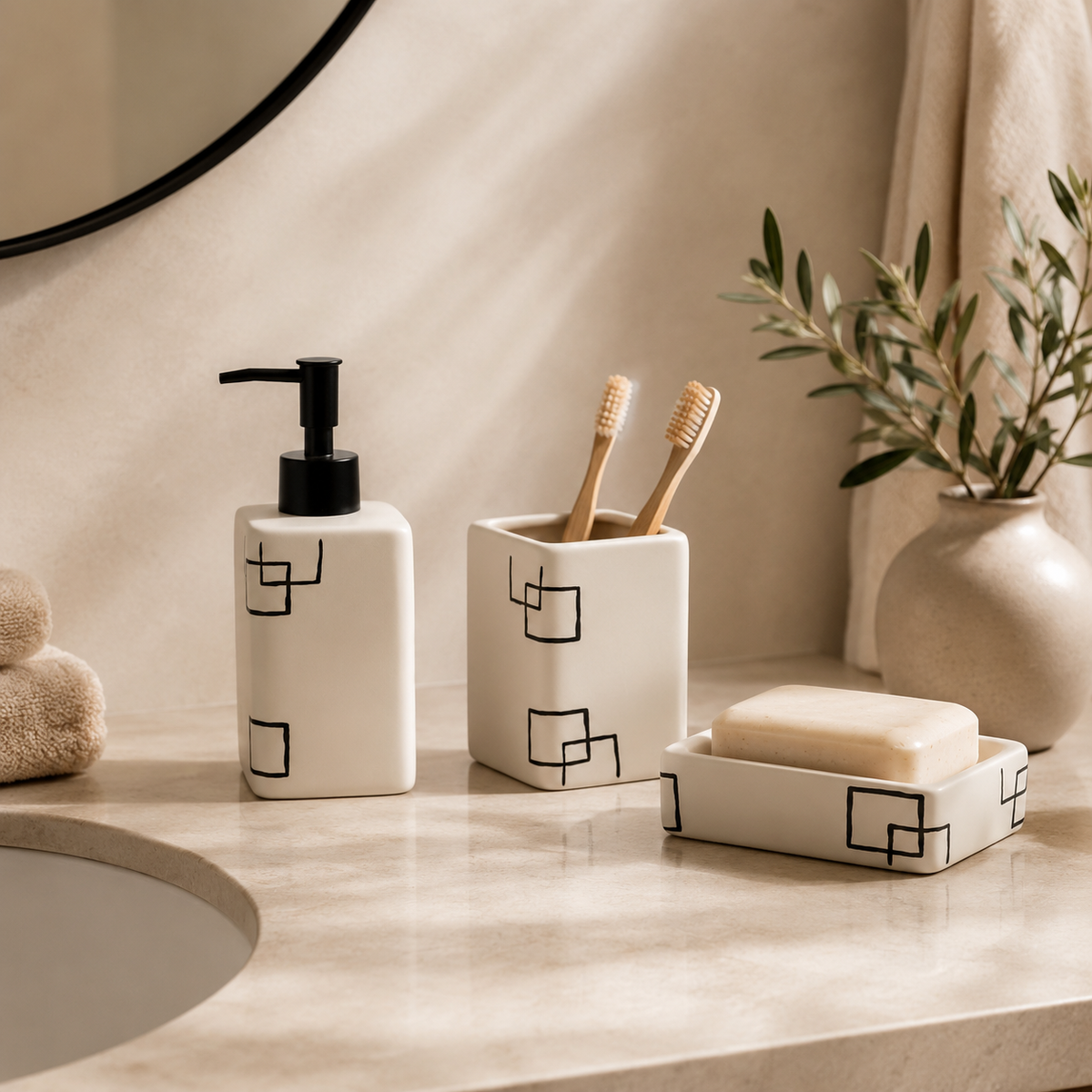 Karaca Home Minimalist Ceramic Bathroom Accessory Set - 3 Piece, 300.23.01.0210