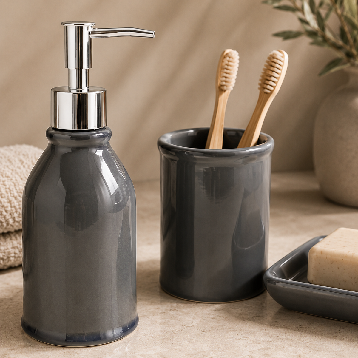 Karaca Home Plain 3-Piece Ceramic Bathroom Accessory Set, 300.23.01.0206