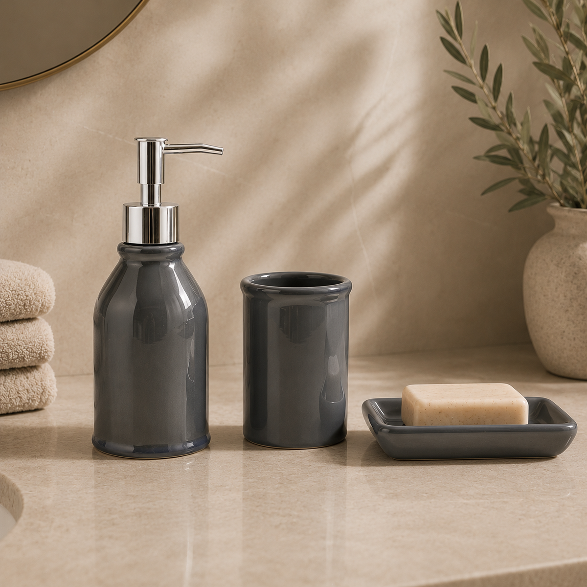Karaca Home Plain 3-Piece Ceramic Bathroom Accessory Set, 300.23.01.0206