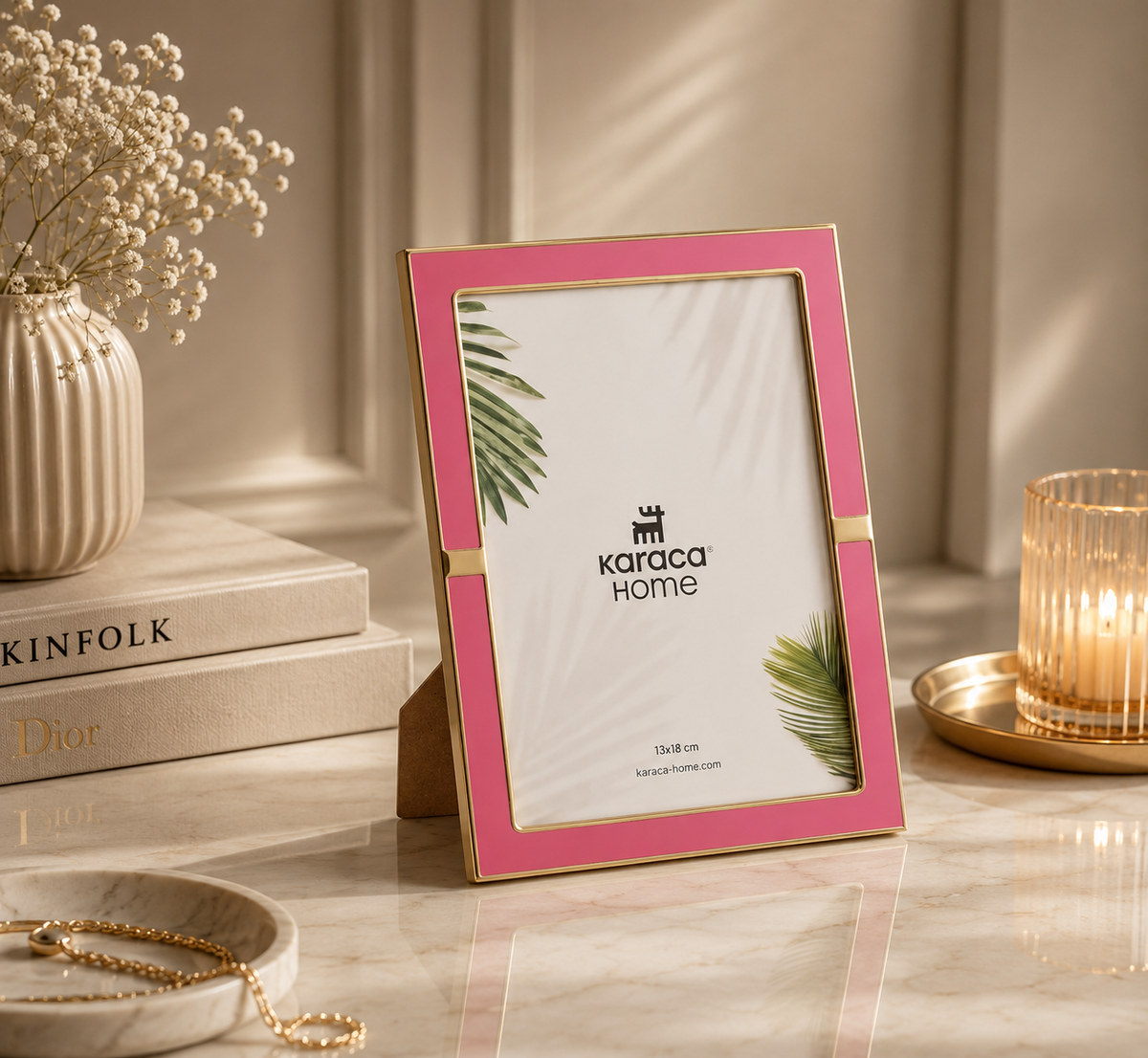 Karaca Home Jovanna Pink Photo Frame with Gold Detail - 13 x 18 cm, 300.22.02.0096