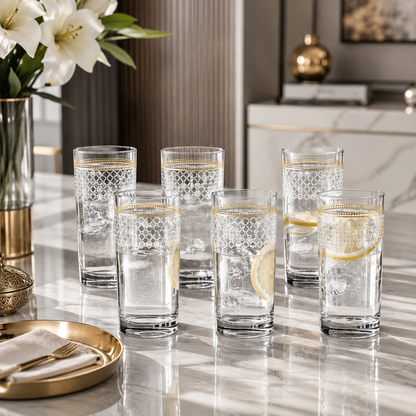 Karaca Block 6-Piece Soft Drink Glass Set | Elegant Gold & White Design, 153.09.01.8426