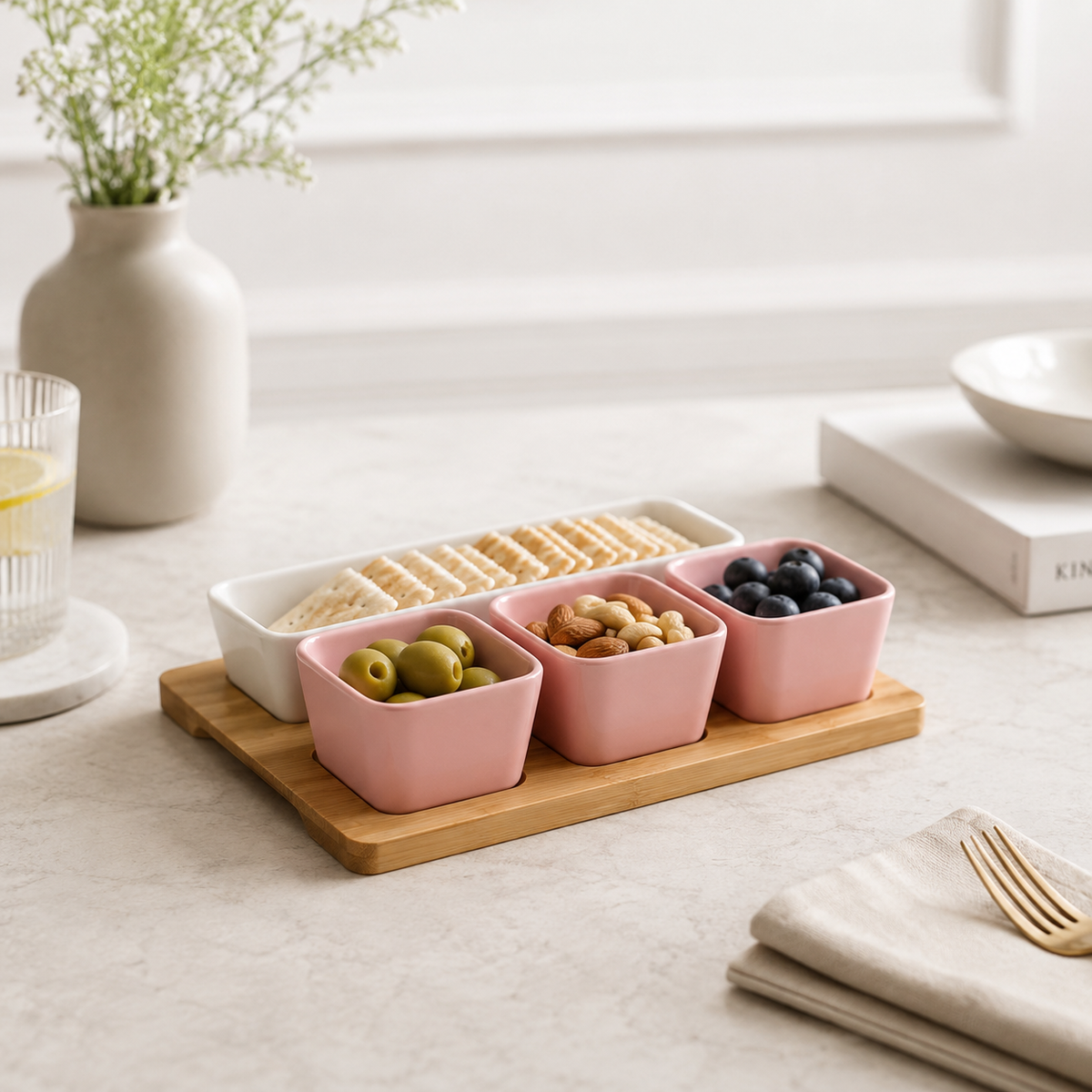 Karaca Malia 4-Piece Snack Bowl Set with Bamboo Tray - Pink & White, 153.03.06.9857
