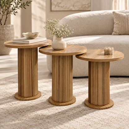 Elara Fluted Wood Side Table Set – 3 Pieces | BS-102