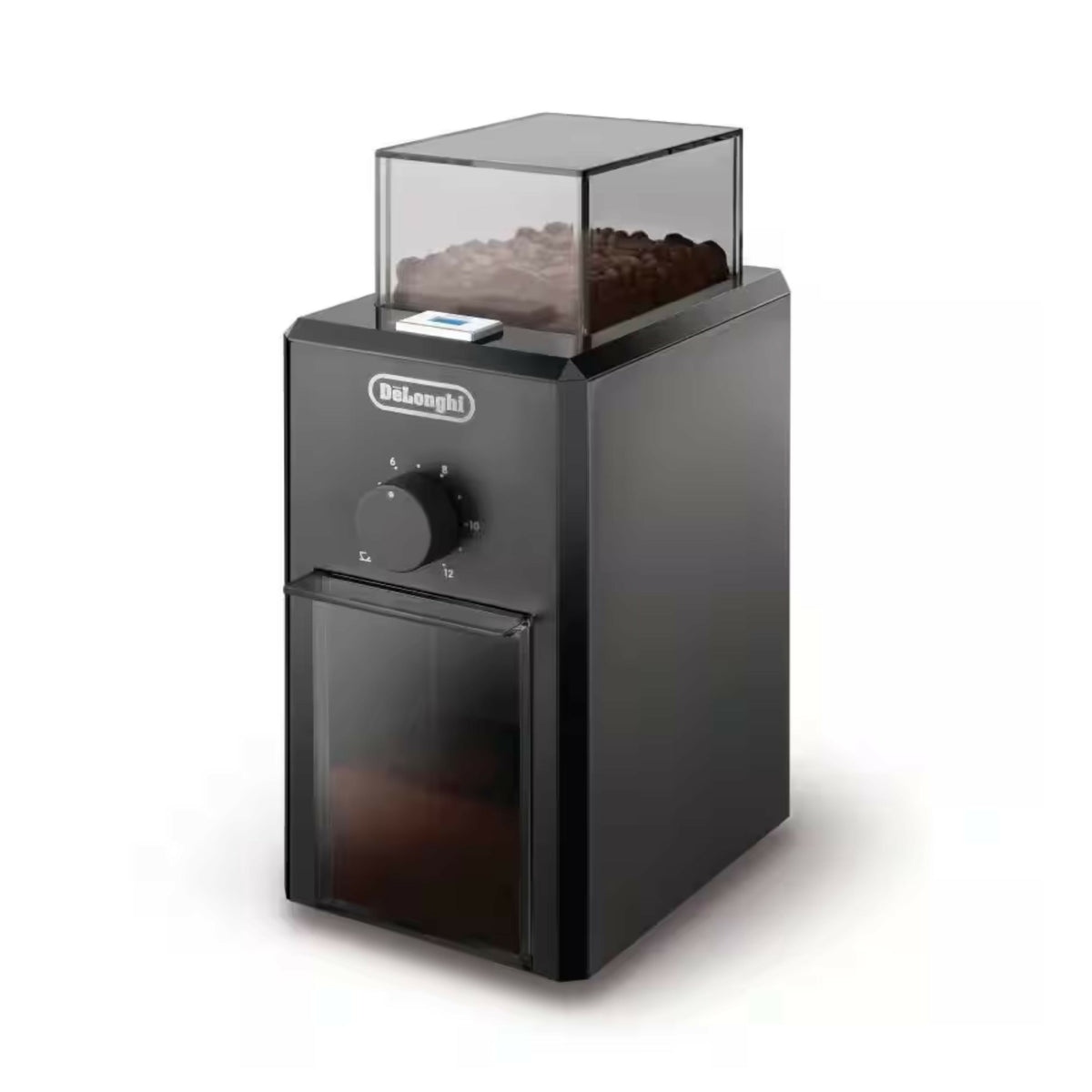 De'Longhi Electric Coffee Grinder, 110W, Burr Grinding System, 12 Settings, Stainless Steel Blade, 12 Cup Capacity, 120g Bean Container, Removable Transparent Lid – KG79, Black
