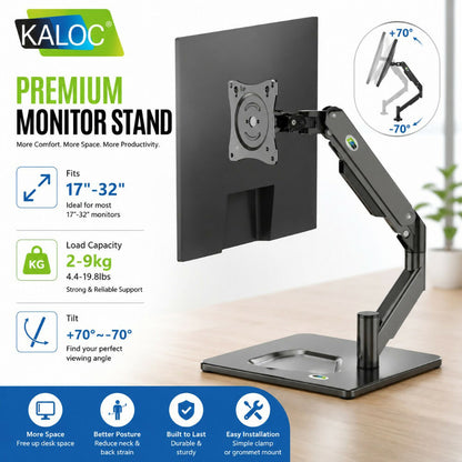 KALOC Premium Adjustable Single Monitor Arm with Gas Spring, Cable Management & Dual Mounting Options for 17-32 Inch Screens