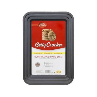 Betty Crocker Non-Stick Rectangular Pan Set Of 3Pcs, Durable Materials, Easy To Clean (30x20x1.3cm - 32x22x1.3cm - 35x25x1.3cm - Thickness. 4MM) [Grey], BC1048