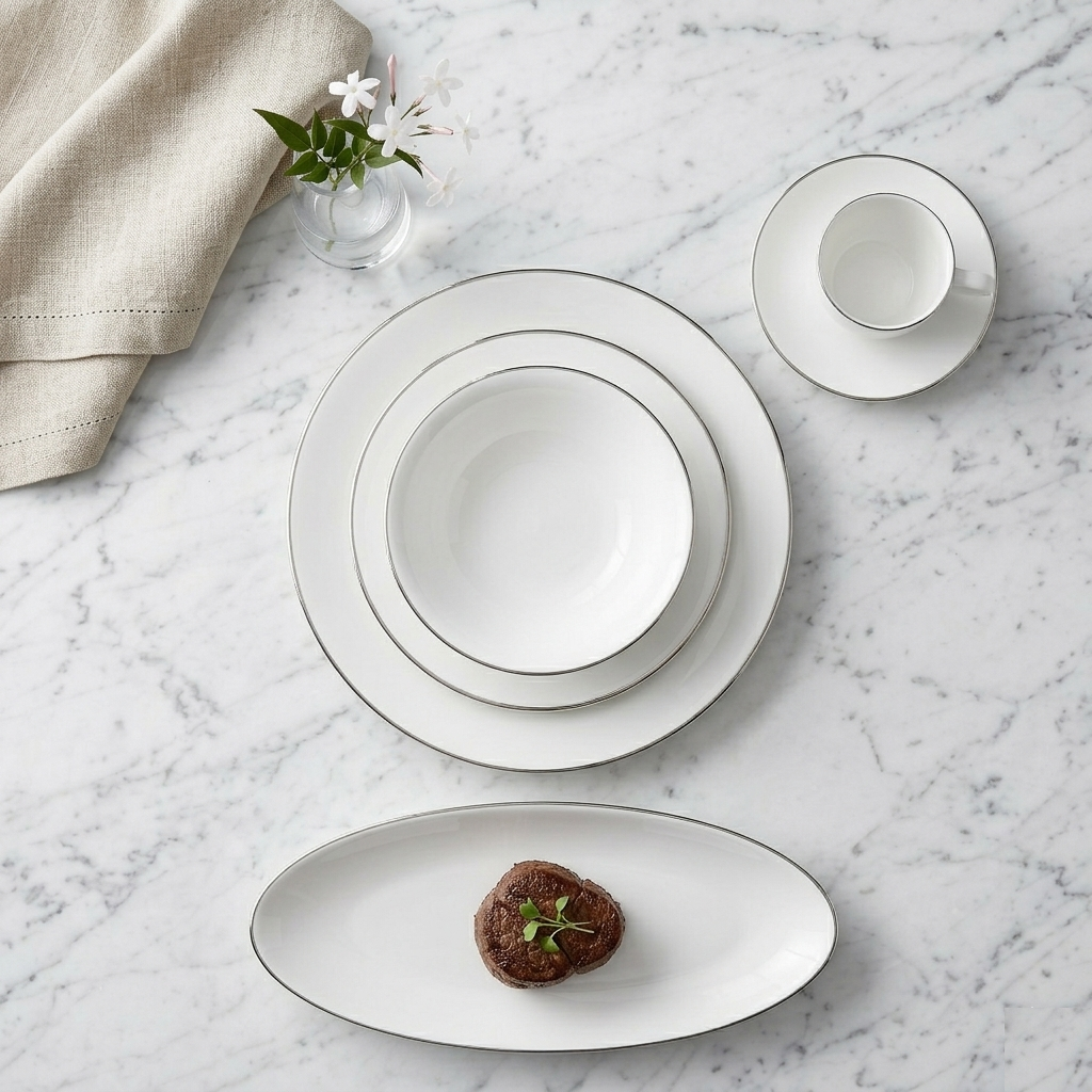 Karaca Fine Pearl Fame 26-Piece Breakfast Set - 6-Person | White & Platinum Frame Classic Design, 153.03.07.5703