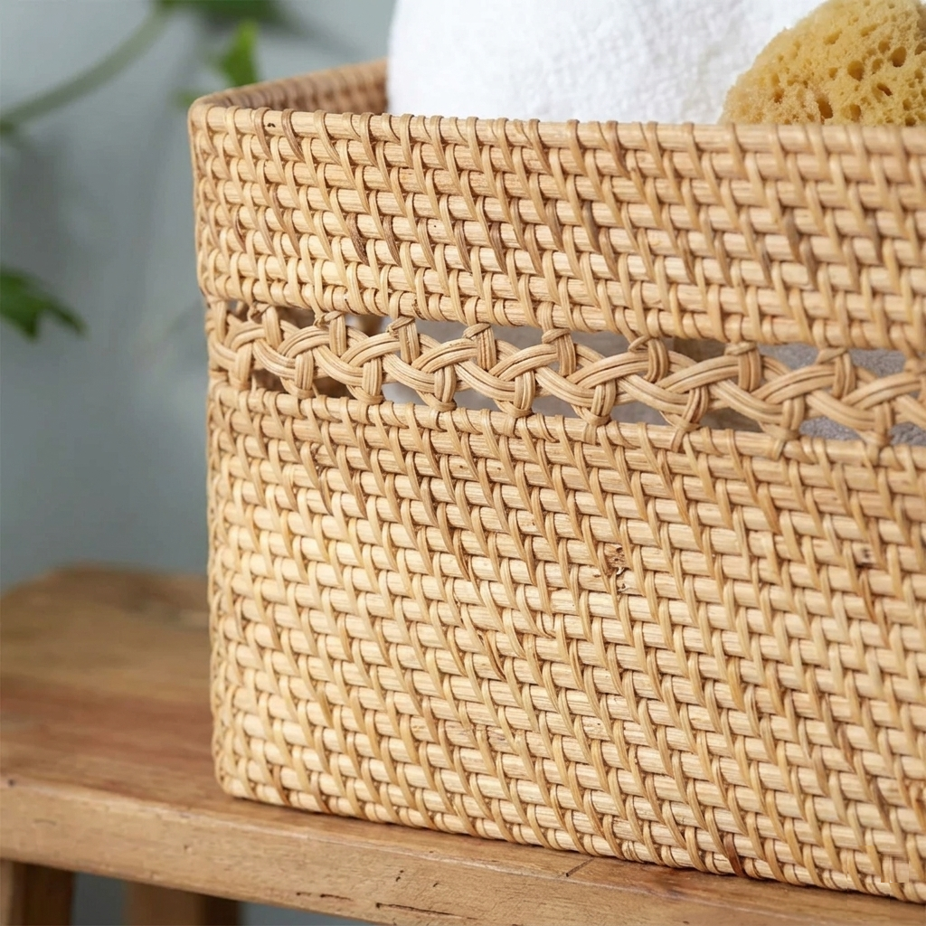 Karaca Home Wave Rattan Rectangular Laundry Basket 49 cm - Natural Rattan Color, 300.21.02.0112