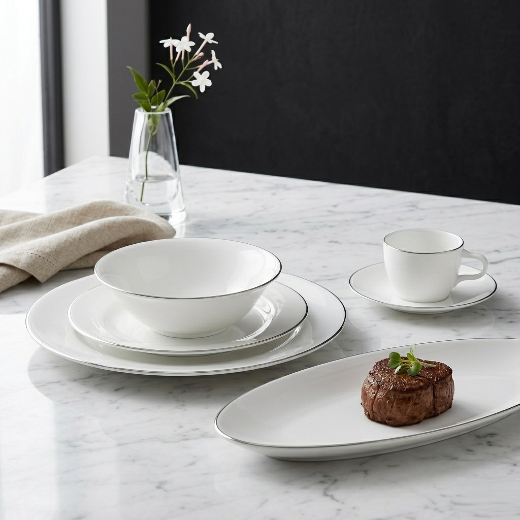 Karaca Fine Pearl Fame 26-Piece Breakfast Set - 6-Person | White & Platinum Frame Classic Design, 153.03.07.5703