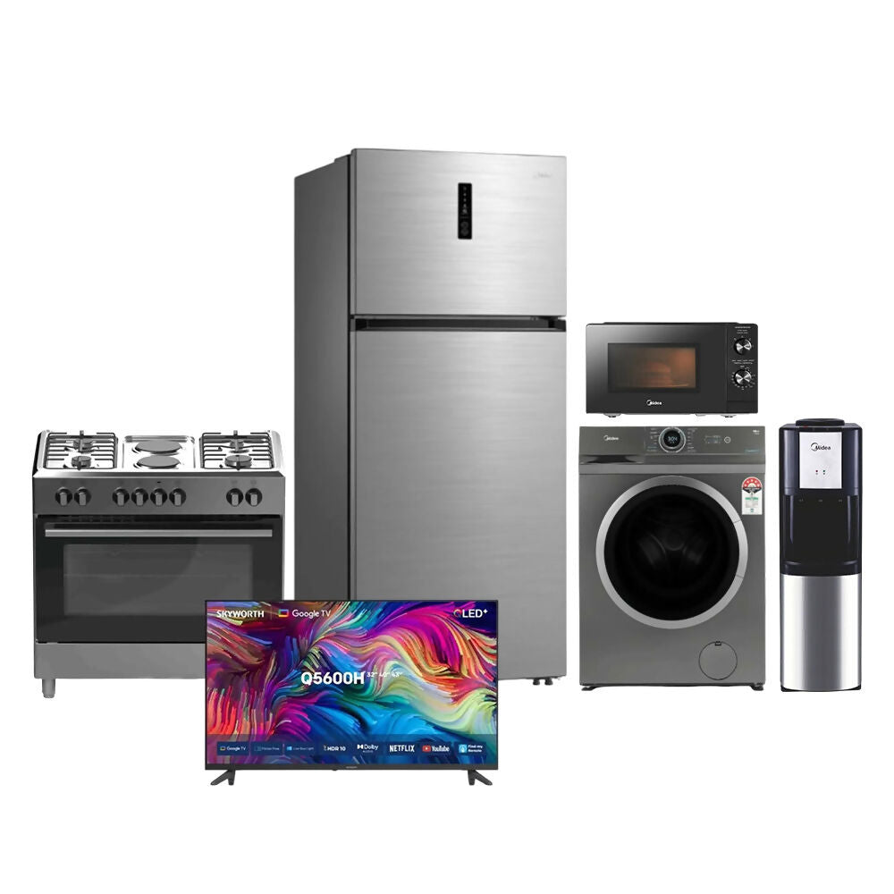 Midea Silver Bundle - [22FT 539L Top Mount Refrigerator + 90cm Gas Cooker + 7KG 1200RPM Washer + Top Load Water Dispenser + 20L 700W Microwave + 43-Inch FHD Skyworth Google TV]