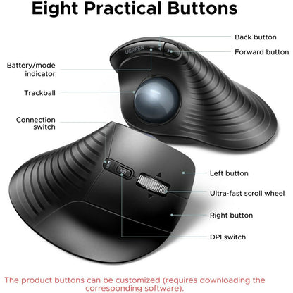 UGREEN Ergonomic Wireless Trackball Mouse, BT & 2.4G, 2000 DPI, Multi-Device Pairing, USB-C Rechargeable - M785DR 85892