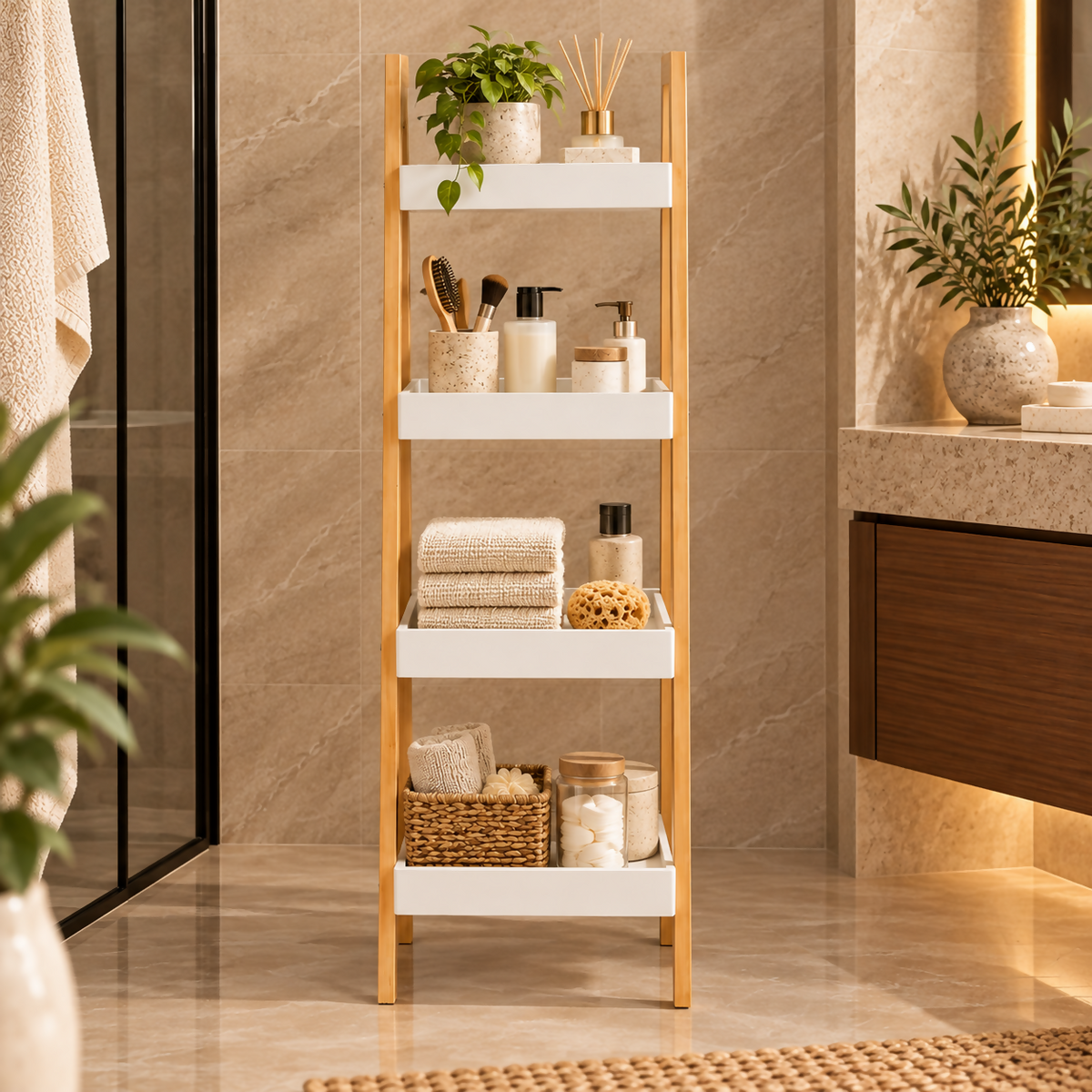 Haven 4-Tier Bamboo &amp; White Ladder Storage Shelf | A1123