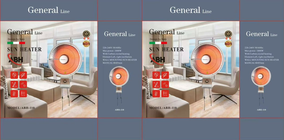 General Line, wall mount Sun Heater, 1000W, with carbon crystal beating element left, right oscillation